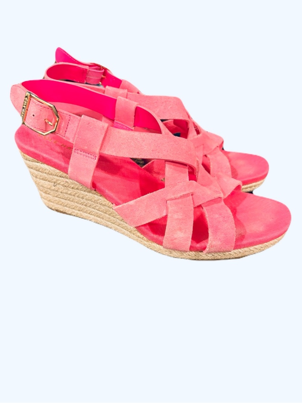Cole Haan Crystal Pink Suede Crisscross Espadrille Wedge Sandals